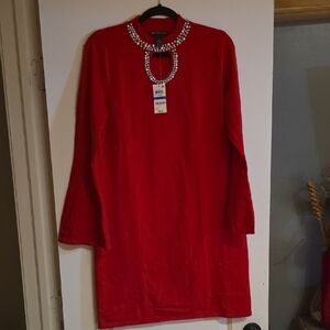 INC International Concepts XL Vibrant Red Long Sleeve Dress with Jewel Neckline